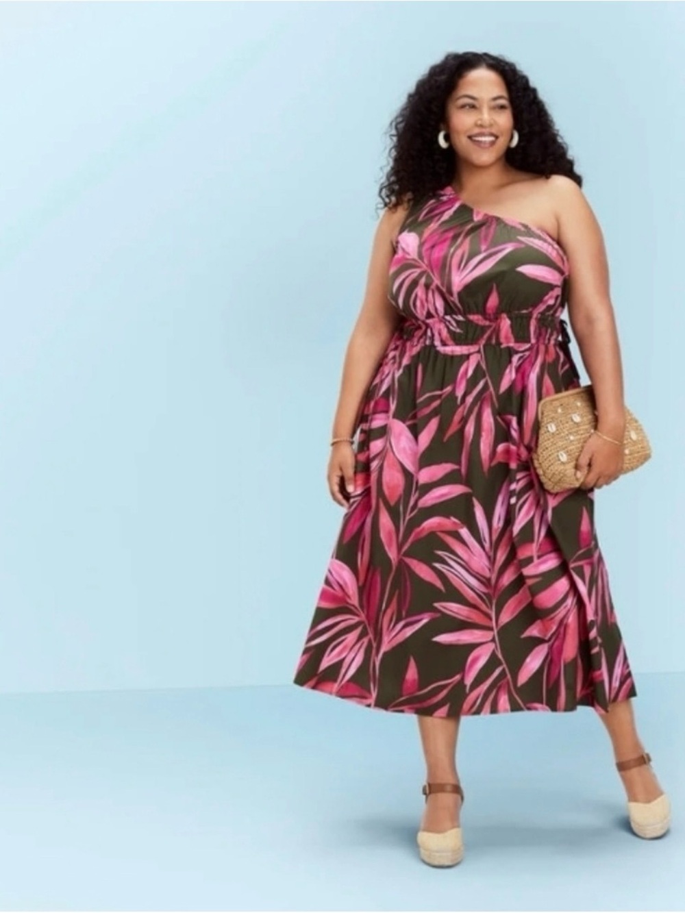 Time and Tru One-Shoulder Brown Dress with Pink Leaf Print